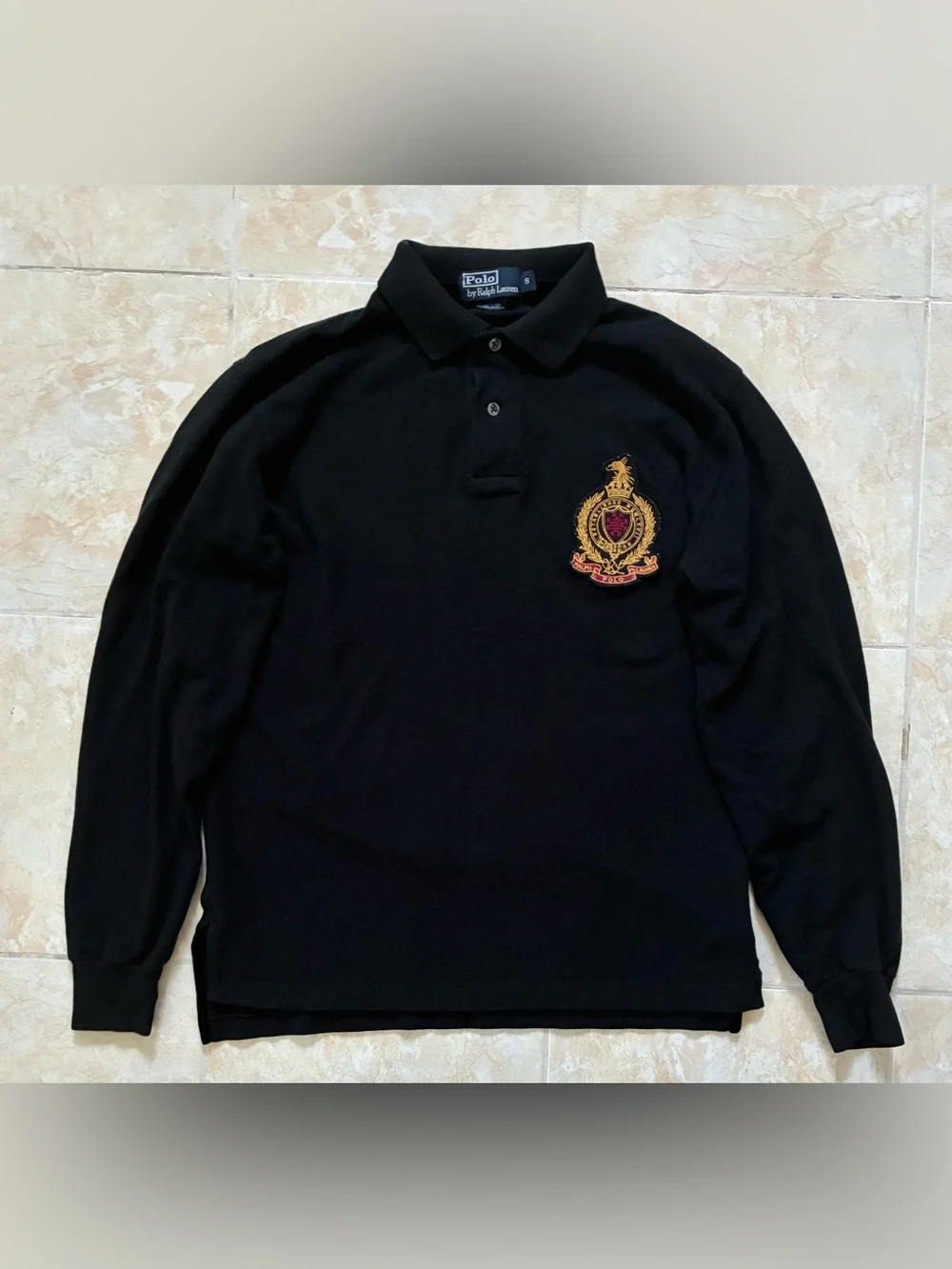 Ralph Lauren Black Long-Sleeve Rugby Polo with Gold Crest Embroidery